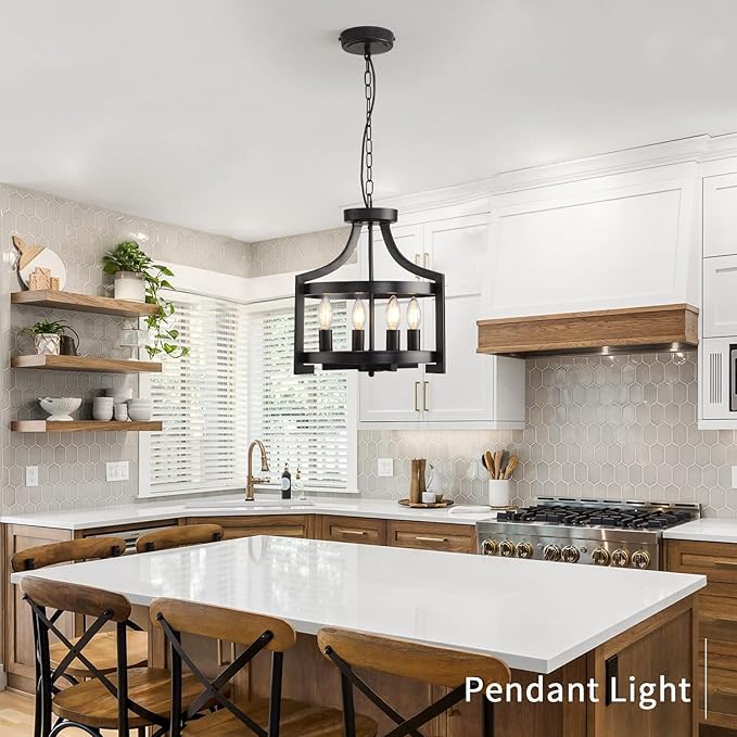 Farmhouse Chandelier Rustic Black Hanging Pendant Light Fixture, Adjustable Metal Lantern lCeiling Light for Kitchen Island Dining Room Living Room Bedroom Foyer Entry
