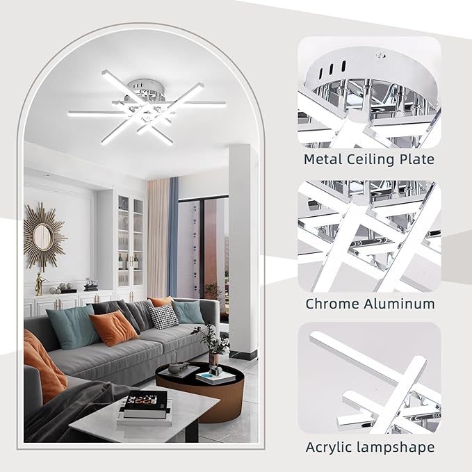 CANEOE Modern Led Ceiling Light,50W Sputnik LED Dimmable Ceiling Light Fixture with Remote Control, Chrome Flush Mount Chandelier Ceiling Lighting for Bedroom Living Room Kitchen Office Ceiling Lamp