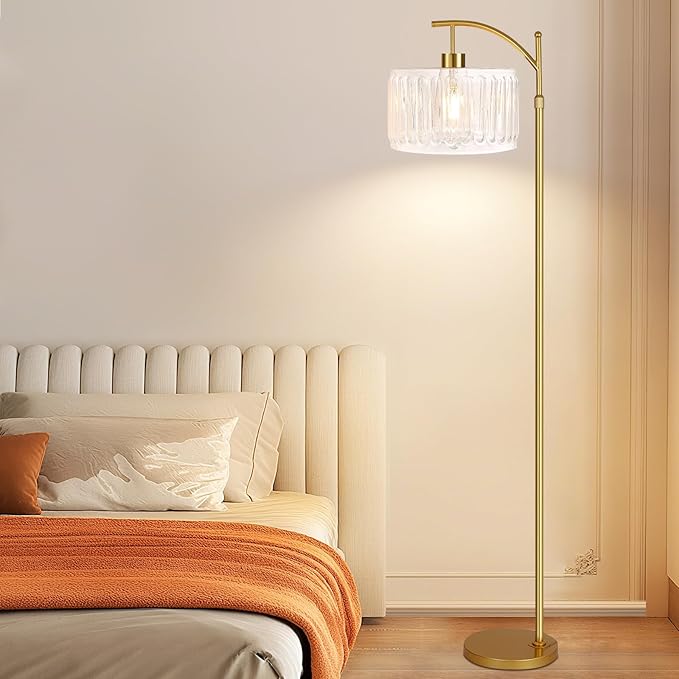 QIYIZM Glass Floor Lamp for Living Room,Bedroom,Gold Dimmable Standing Lamp with Remote,Brass White Tall Lamp Boho Mid Century Modern Floor Lamps Arc Floor Light Lamp Girls Kids Bohemian