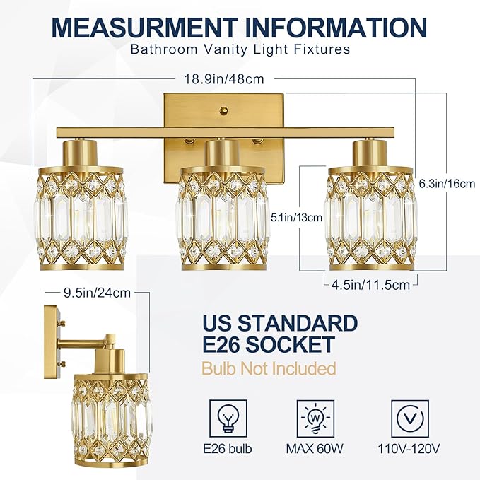 Crystal Modern Bathroom Light Fixtures, 3-Light Brushed Gold Bathroom Vanity Wall Light, Vanity Lights for Mirror, Restroom, Bedroom (E26 Socket, Bulbs Not Included)