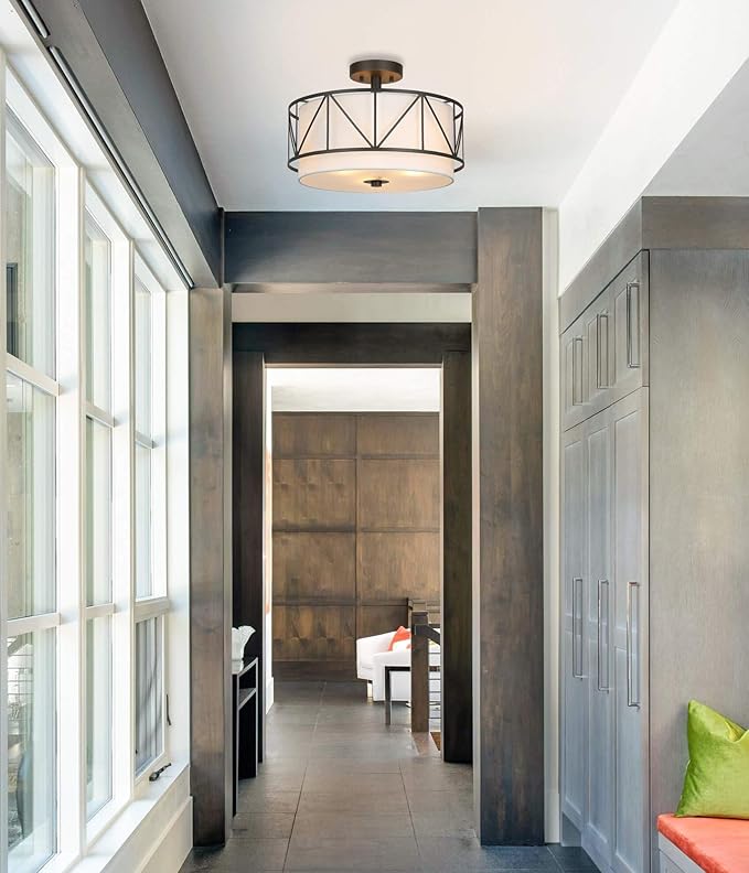 XiNBEi Lighting 16 inch Semi Flush Mount Ceiling Light Fixture with Metal Cage, Modern Drum Light Fixture for Bedroom Kitchen Ceiling Light Fixture for Dining Room XB-SF330-DB
