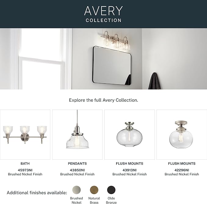 Kichler Avery 24" Vanity Bath Light in Brushed Nickel, Vintage 3-Light Bathroom Wall Mount Fixtured with Clear Seeded Glass, (24" W x 9.25" H), 45973NI