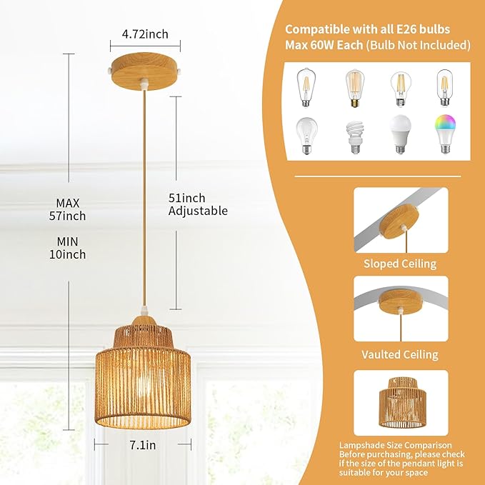 2 Pack Boho Rattan Pendant Light Kitchen Island,Farmhouse Chandeliers Adjustable Height Hanging lamp for Dining Room,Kitchen Ceiling Lights Fixtures with Round Woven Wicker Lampshade Lighting