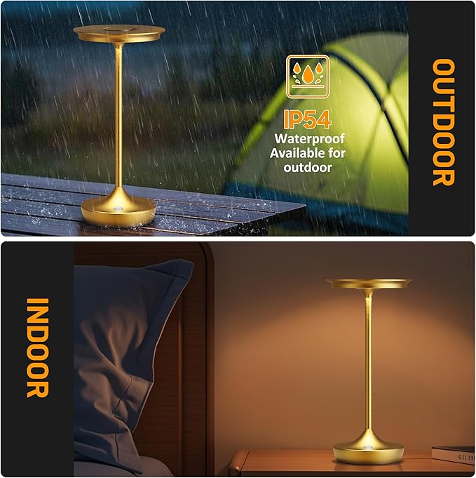 2 Pack LED Rechargeable Cordless Table Lamps, Portable Outdoor Battery Operated 3 Color Stepless Dimming Tables Lamp with Memory Function for Patio Restaurant Dining Room Gold