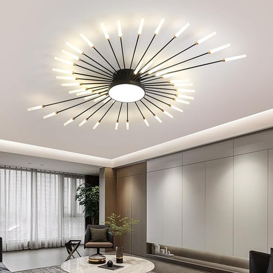 JAYMP 50.4" Ceiling Light Modern Flower Shape Ceiling Lamp for Living Room Dining Room Flush Mount Metal Acrylic Sputnik Firework Petal LED Lighting Fixture (Matte Black, 42+1 Lights)