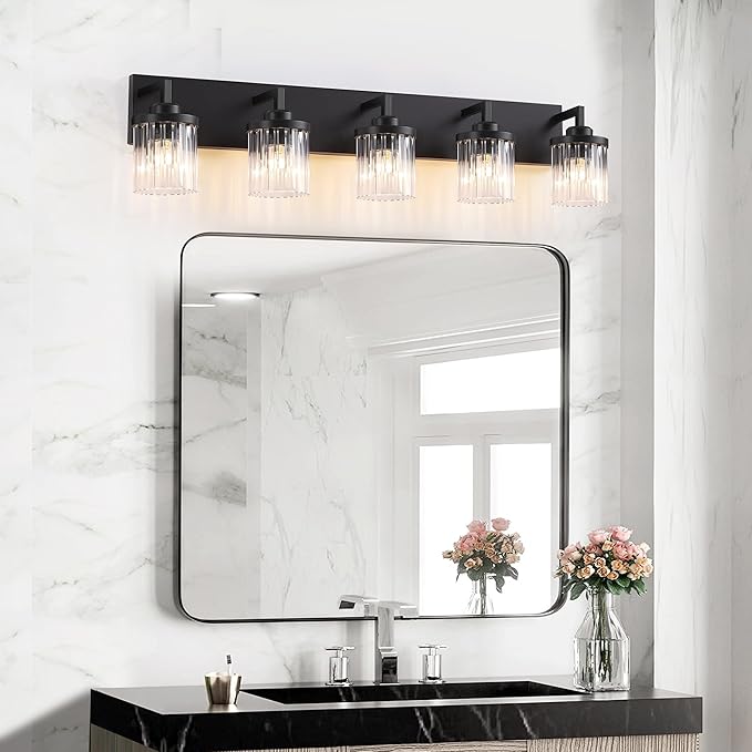 Modern Crystal Bathroom Light Fixtures, 5 Light Black Farmhouse Vanity Lights, with Crystal Glass Shade, Industrial Bathroom Lighting Fixtures Over Mirror Wall Light for Bedroom Living Room