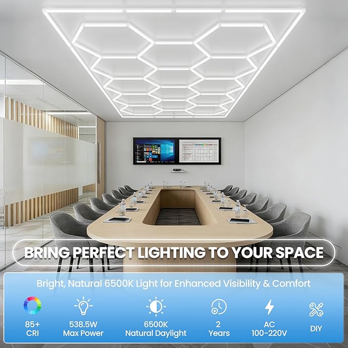 Hexagon Garage Light with Rectangular Frame, 539W 6500K High Brightness LED Shop Light, 14-Pack Design for Garage, Workshop, Basement, Car Detailing