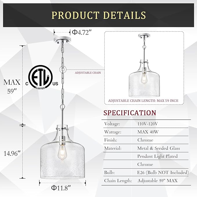 CATINER 12" Chrome Seeded Glass Pendant Light, Modern Farmhouse Hanging Ceiling Light Fixture for Kitchen Island, Dining Room, Hallway, Hand-Blown Bubble Glass Shade, E26 Dimmable Pendant Lighting