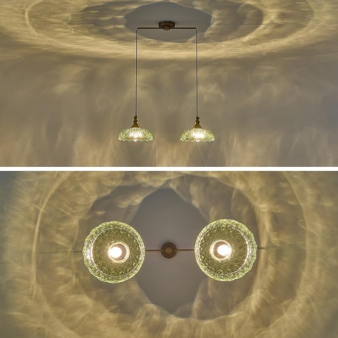 HDDFL Vintage Pendant Lighting Fixtures Modern Glass Hanging Lamp with Adjustable Cord for Kitchen Island Dining Room Hallway 2 Light Brass and Green