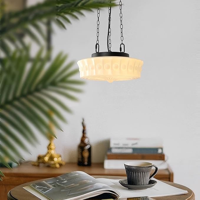 LIGHTLAND Milk Glass Pendant Light, 13.8 Inch Mid Century Semi Flush Mount Ceiling Light Fixture with 39.4 Inch Adjustable Chain, Vintage Chandelier for Bedroom, Living Room, Dining Room, Hallway