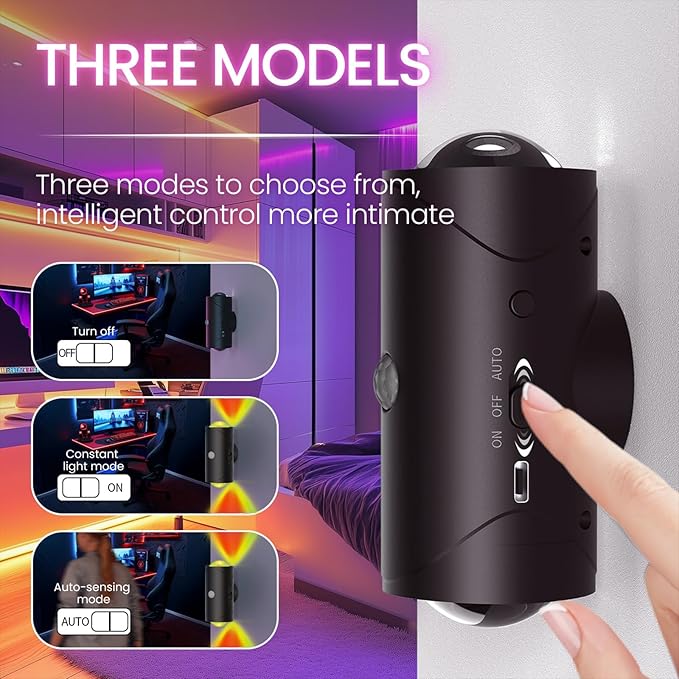 LED Wireless Wall Sconce with Color Changing, Motion Sensor Light Indoor, 1500mAh Rechargeable Battery Operated Wall Sconces for Bedroom Bedside Hallway Courtyard Doorway (black - 2 Pack)