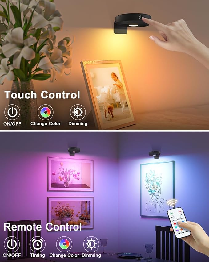 WILLED RGB Lights,Poster Lights,Battery Operated Rechargeable Picture Light,Puck Light with Remote,9 RGB Colors,Dimmable&Timer,Art Gallery Lighting,Display Lighting for Paintings Wireless