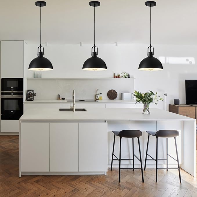 Pendant Lights, Modern Matte Black Metal Hanging Light Fixtures, Adjustable Height Industrial Pendant Lighting for Kitchen Island Dining Room Bedroom Bar Office 9.84”