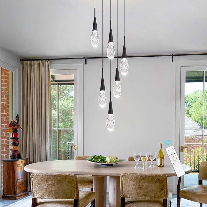 6-Lights Adjustable Pendant Lights for Kitchen Island LED Dimmable Light Fixture Modern Glam Crystal Hanging Lighting for Dining Room Bedroom Black