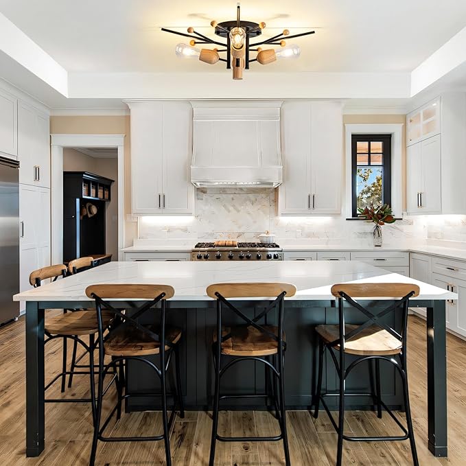 4 Light Sputnik Light Fixture Black Flush Mount Lights Industrial Ceiling Light Wood 25.24" Modern Farmhouse Ceiling Lights for Kitchen Bedroom Bathroom Foyer Hallway(E26)