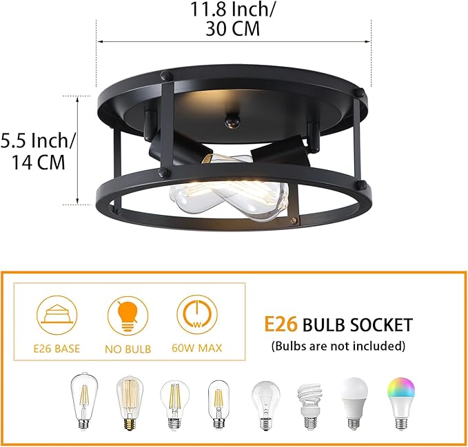 4 Pack Black Farmhouse Flush Mount Ceiling Lights,2-Light Rustic Hallway Lighting Fixtures,Industrial Light Fixtures Ceiling Mount for Kitchen Hall Entry Bedroom Closet