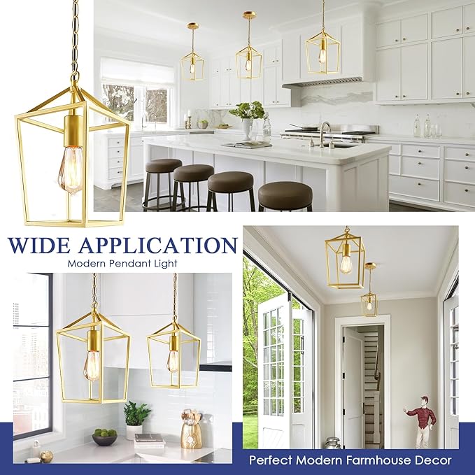 2-Pack Gold Pendant Lights Kitchen Island, Modern Mid Century Light Fixtures Hanging Lamp for Kitchen, Farmhouse Kitchen Pendant Lighting Over Island, Metal Cage Design