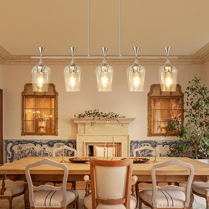 37" Dining Room Light Fixture/Chandelier Over Table, 5-Light Brushed Nickel Kitchen Island Lighting with Clear Glass Shade, Modern Hanging Pendant Lights Fixture for Kitchen Island, Dining Room, Bar