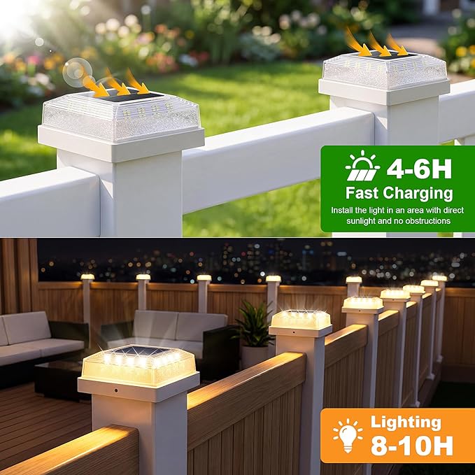 Brightever 3.5x3.5 4x4 Solar Post Cap Light Outdoor, 6-Pack Fence Post Solar Lights for Wooden/Vinyl Posts, 3 Lighting Modes, Solar Powered Waterproof Deck Post Lights for Garden Patio, White