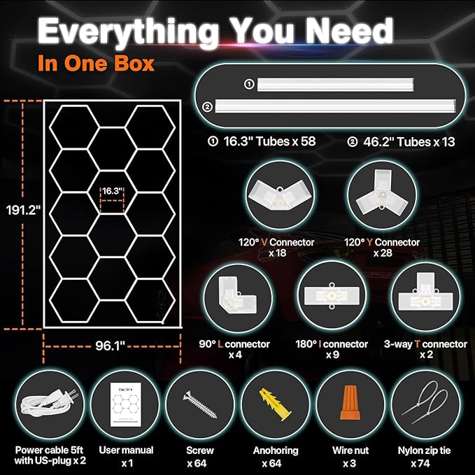 Hexagon Garage Lights, 14 Grids Hexagon LED Lights with Rectangle Frame, 603W 6500K Super Bright Honeycomb Light for Warehouse, Car Detailing Shop, Exhibition Hall, Gym(Orange)