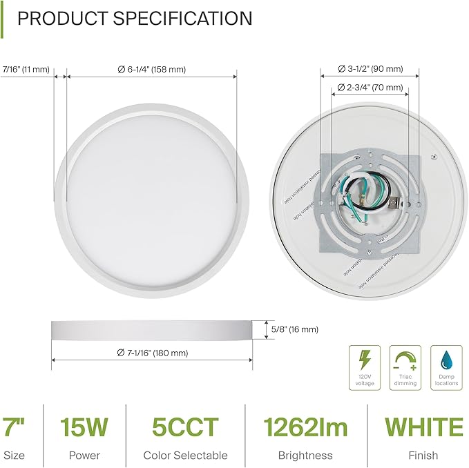 ASD LED 7" Round Flush Mount Ceiling Light Fixture, Low Profile Surface Lighting | 5CCT, Dimmable, Ultra-Thin, ETL Listed | 15W 1260LM 2700-6000K 120V | Kitchen, Bedroom, Hallway Lamp | White, 6 Pack