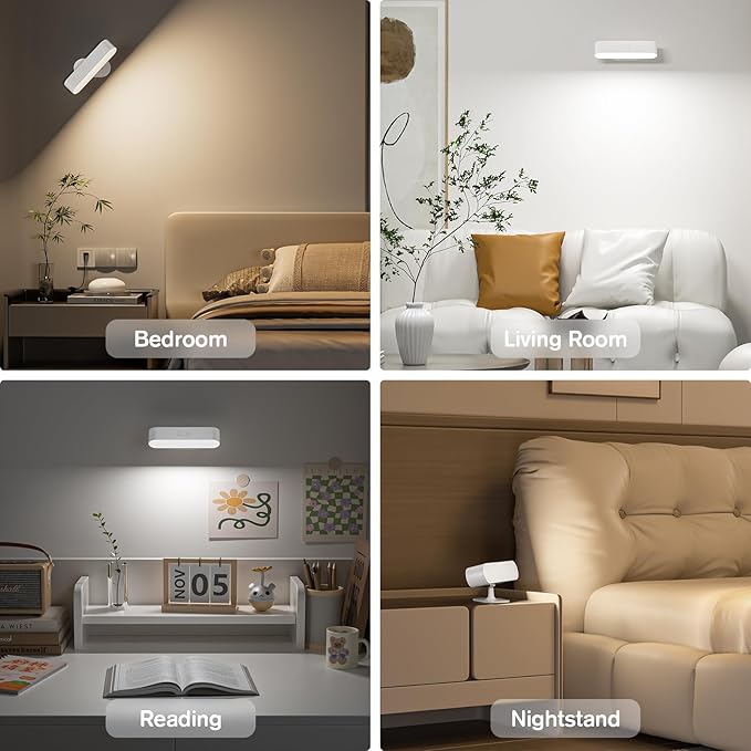 Hensam Battery Operated Wall Sconces, Wireless LED Wall Sconce Set of Two, Rechargeable Wall Lights for Living Room, 5 Colors Dimmable Wall Lamps for Bedroom, White 2 Pack