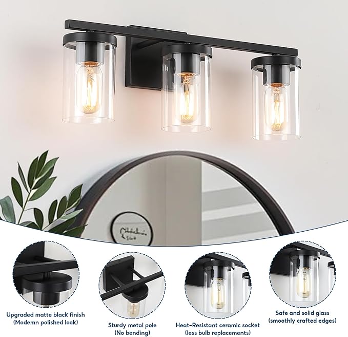 20in Bathroom Light Fixture Over Mirror, 3-Light Matte Black Vanity Lights with Clear Glass Shades, Modern Wall Sconces for Living Room, Bedroom, Hallway, E26 Base