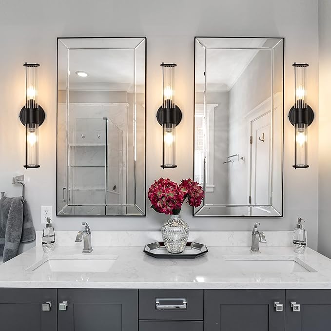 Bathroom Sconce Wall Lighting - Black Bathroom Vanity Light Fixture Vertical and Horizontal Wall Mount 2-Light Modern Indoor Wall Light for Hallway Living Room(E12 Bulbs Excluded)
