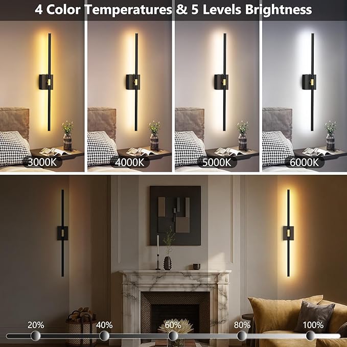 Rechargeable Wall Sconce Set of 2: 10000mAh Battery Operated Wall Sconce with Touch and Remote, 360° Rotate, 4CCT Dimmable Wireless Wall Light LED Wall Lamp for Living Room Bedroom Bathroom, Black