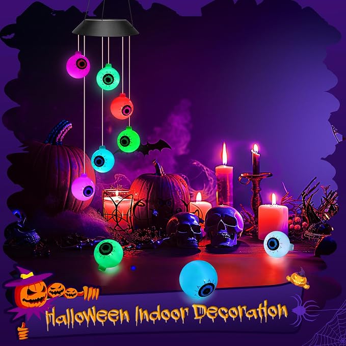 Winzwon Halloween Decorations Outside Solar Outdoor Lights Waterproof Eyeballs Wind Chimes for Party Yard Porch Patio Home Window Indoors Hanging Mobile Decor