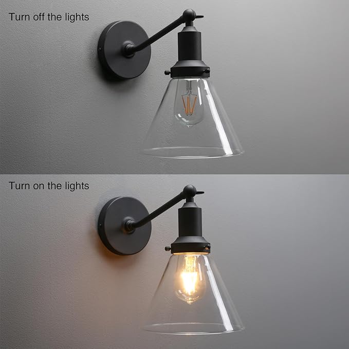 PERMO Industrial Vintage Slope Pole Wall Mount Single Sconce with Funnel Flared Clear Glass Shade Wall Sconce Light Lamp Fixture (Matte Black)