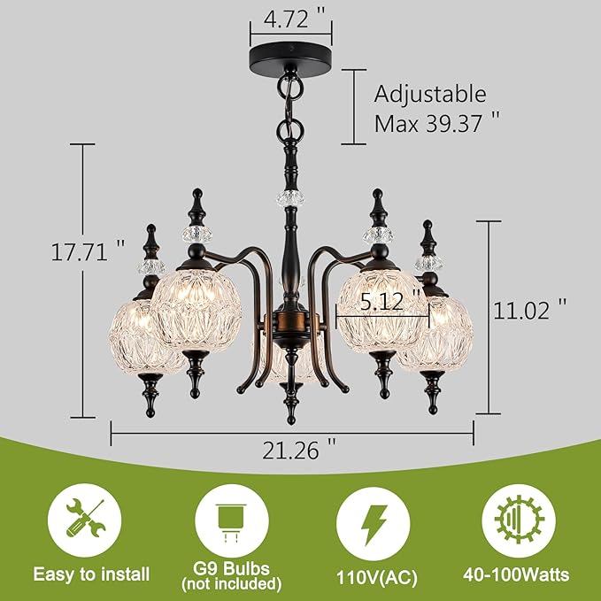 Chandeliers Modern 5-Light Chandelier Black Kitchen Island Pendant Light Fixtures Finish with Crystal Glass Shade for Kitchen Island Living Room