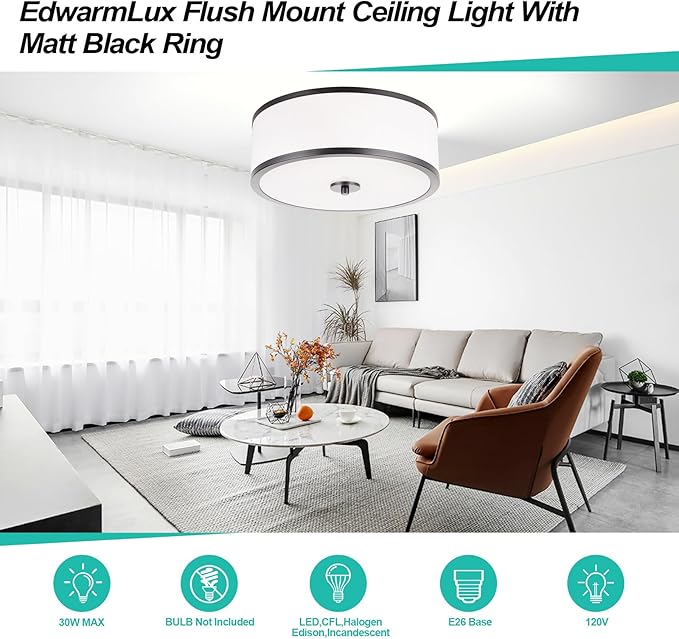 3-Light Flush Mount Ceiling Light Fixture, 12.6 " Drum Light with White Fabric Shade, Modern Close to Ceiling Light for Living Room Bedroom Dining Room Kitchen Hallway Entry (Matt Black)