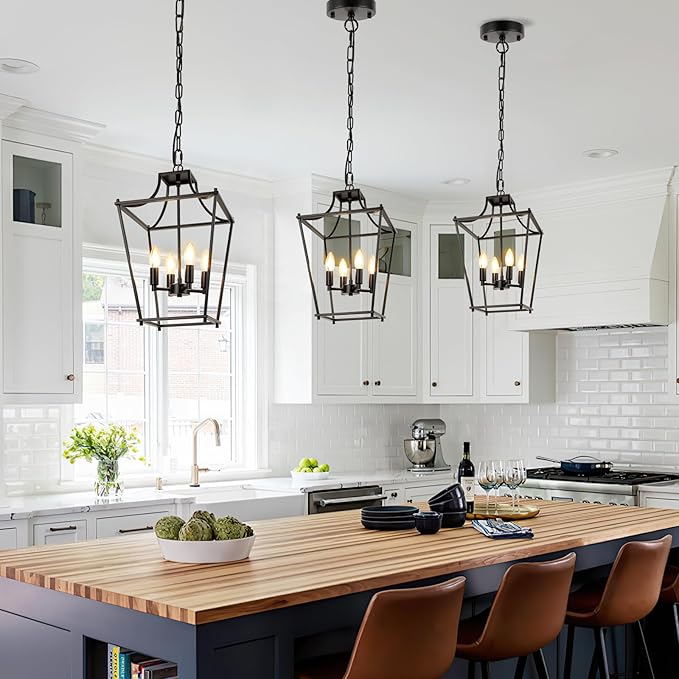 Black Lantern Pendant Light 4-Light Pendant Light Fixtures Hanging Farmhouse Chandelier with E12 Bulb Base, 12" Adjustable Lantern Light Fixture for Dining Room Kitchen Foyer
