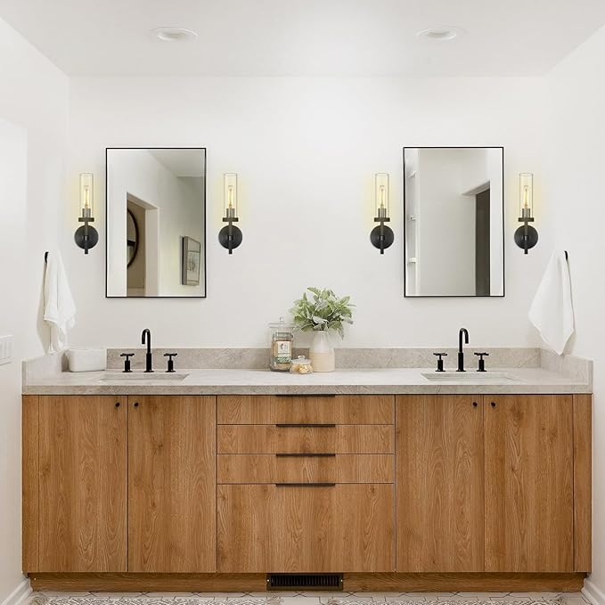 Black Wall Sconces Bathroom Vanity Wall Sconce, Glass Tube Wall Sconces 14", Sconces Wall Lighting Indoor, Wall Lights for Mirror, Living Room, Bedroom, Hallway (Including Bulb)