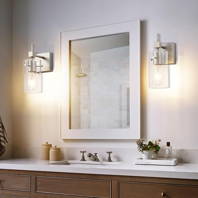SOLFART 1 Light Vintage Vanity Light Brushed Nickel Bathroom Light Fixture Over Mirror for Bath Glass Shade Wall Light Modern Light Fixture