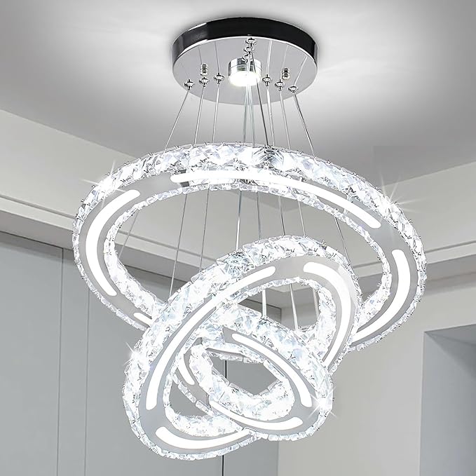 CXGLEAMING Chandeliers Modern Ceiling LED Fixture 3 Rings Adjustable Crystal Light Fixture Ceiling Hanging Pendant Light for Living Room Dining Bedrooms Hall 180mm Base 153 Crystals（White Light）