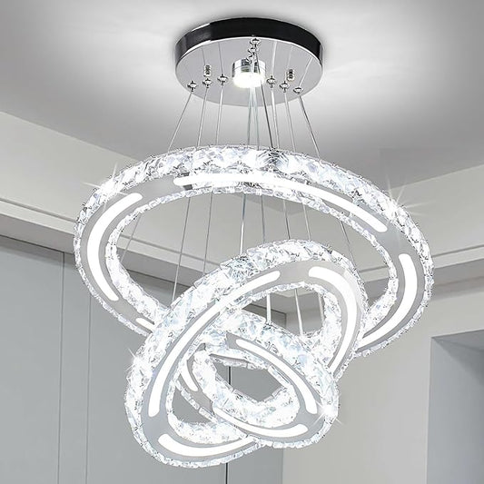 CXGLEAMING Chandeliers Modern Ceiling LED Fixture 3 Rings Adjustable Crystal Light Fixture Ceiling Hanging Pendant Light for Living Room Dining Bedrooms Hall 180mm Base 153 Crystals（White Light）