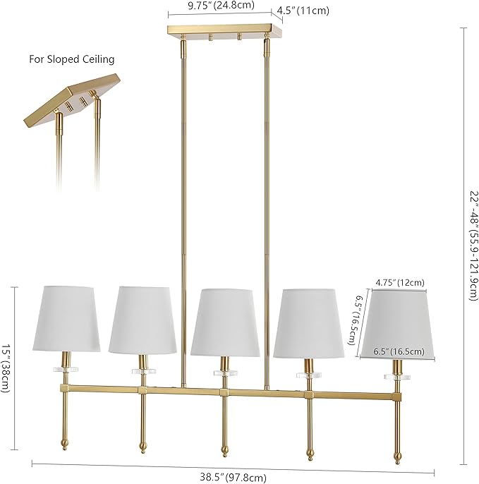 JONATHAN Y 38.5" Brass Gold 5-Light Iron Linear Pendant, Modern Midcentury Chandelier with White Linen Shades for Kitchen Island Dining Room, LED Bulbs Included JYL9919A