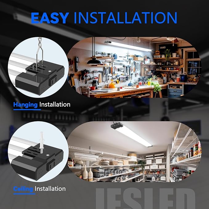 JESLED LED Shop Lights 4FT, 3CCT Selectable 4000K/5000K/6500K, Adjustable 30W/40W/50W, 7500LM Super Bright (300W Equivalent), Linkable Utility Light for Garage, Ceiling or Hanging Mount, ETL, 4 Pack