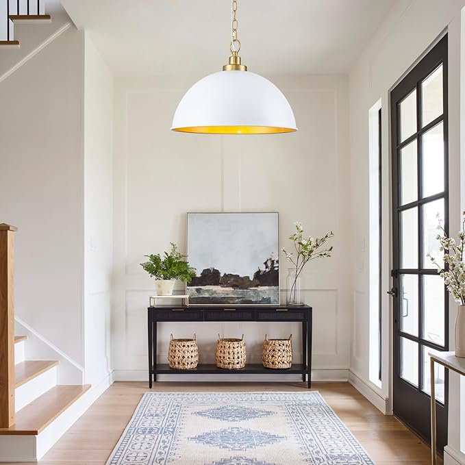 Lingkai Farmhouse Pendant Light Fixtures, 15.7" White and Gold Dome Pendant Lighting Kitchen Island, Adjustable Height Vintage Hanging Ceiling Lights for Kitchen Island Dining Room Foyer Restaurant