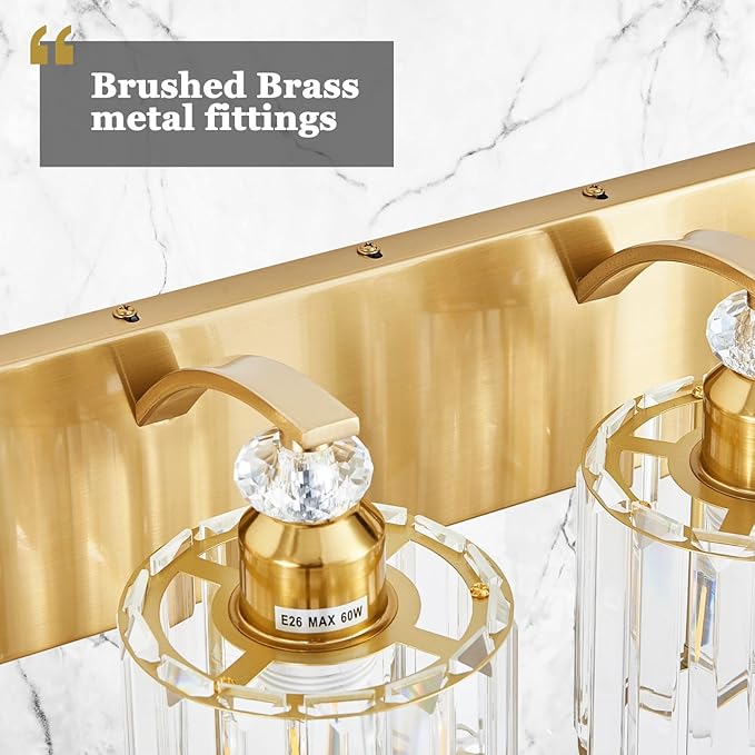 3-Lights Brushed Brass Bathroom Light Fixture Gold Vanity Lights Modern Crystal Bathroom Vanity Lighting Over Mirror Wall Sconce with K9 Crystal Shade E26 Base for Living Room, Bedroom Wall Lamp