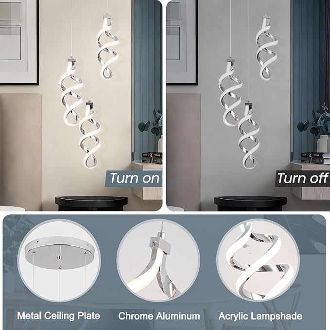 Modern Led Pendant Light Fixture, 45W Chrome Spiral Led Chandelier Hanging Lamp, 4500K Daylight White Pendant Lamp, Adjustable Height Pendant Light for Dining Room Bedroom Kitchen Island (3 Light)