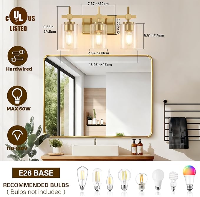 Asnxcju 3-Light Brushed Gold Bathroom Light Fixtures, Modern Gold Vanity Lights with Clear Textured Glass Shades for Mirror, Bathroom Wall Sconces Lighting for Kitchen Living Room Hallway Porch