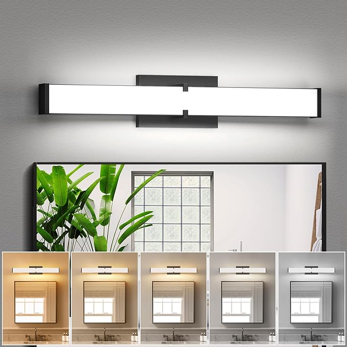 Modern Bathroom Light Fixtures 24 Inch, 25W 2500 Lumen Dimmable Bathroom Vanity Light, 5CCT Bathroom Light Bar, LED Black Vanity Light with ETL Certified