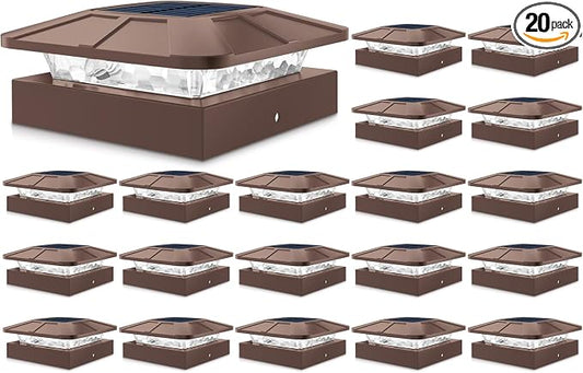 Peasur 4x4 Solar Post Cap Lights Outdoor with 3 Modes, 20 Packs Brown Fence Deck Light Solar Powered Waterproof, Wood/Vinyl Posts Top Lights for Yard Garden Patio Porch Railing Outside