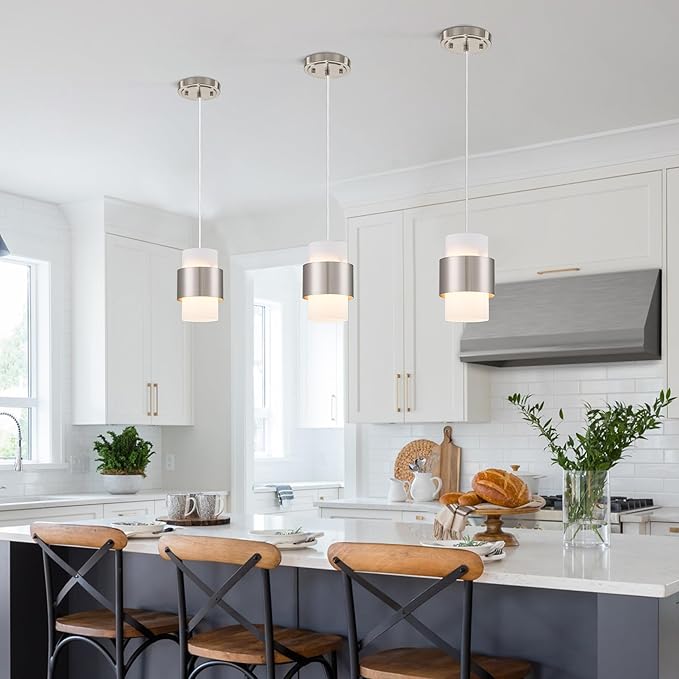 Modern Pendant Lighting, Nickel Hanging Light Fixtures for Kitchen Island Hallway Porch Corridor Bedroom with Frosted Glass Shade, 1 Light