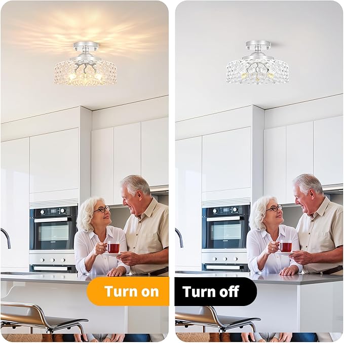 Brushed Nickel Semi Flush Mount Ceiling Light, 3-Light Ceiling Light with Hammered Glass, Vintage Hallway Light Fixtures, Kitchen Flush Ceiling Mount for Entryway Bedroom Bathroom,E12