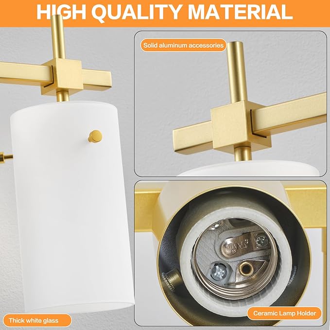 SOLFART 3-Light Bathroom Vanity Light, Modern Brushed Gold Wall Lights with Milky White Clear Glass Shades, Bathroom Wall Sconce Lamp for Mirror Living Room Bedroom Hallway (Bulbs Not Included)