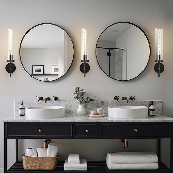 Black Wall Sconce, 19.48'' Brushed Brass Knurled Bathroom Sconces Wall Lighting Vanity Light with Clear Glass, Indoor Wall Mount Light for Living Room Mirror Bedroom Stairs